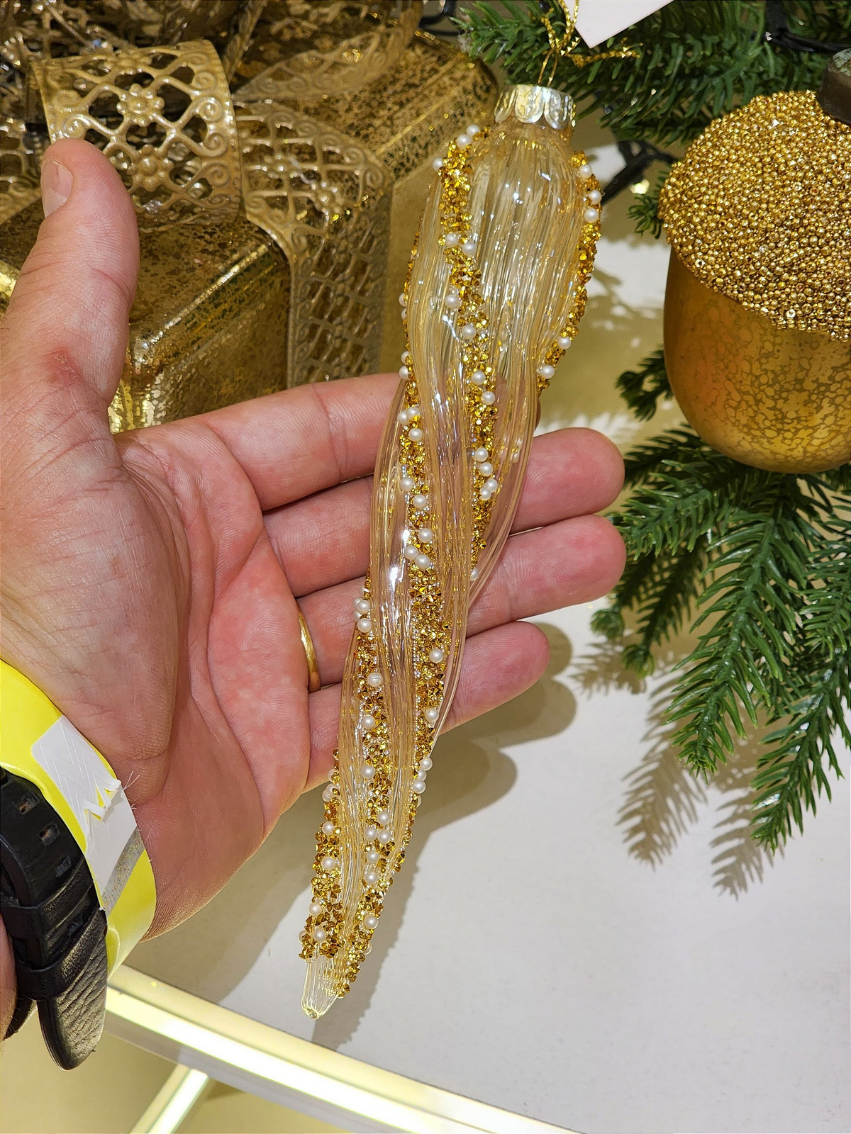 Pendente ornamento vidro soprado dourado 19cm