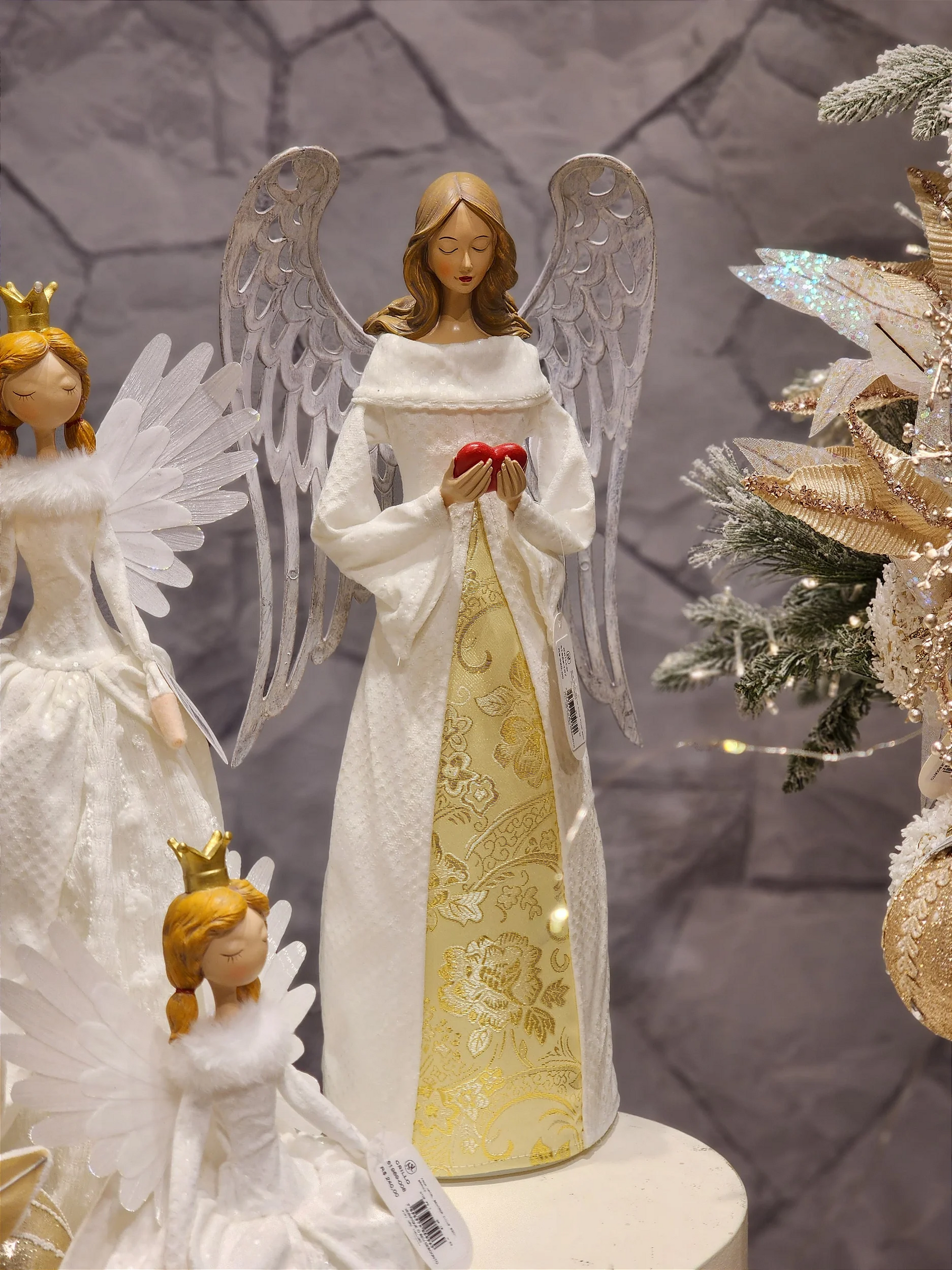 Anjo em resina com Luz branco e dourado 56cm