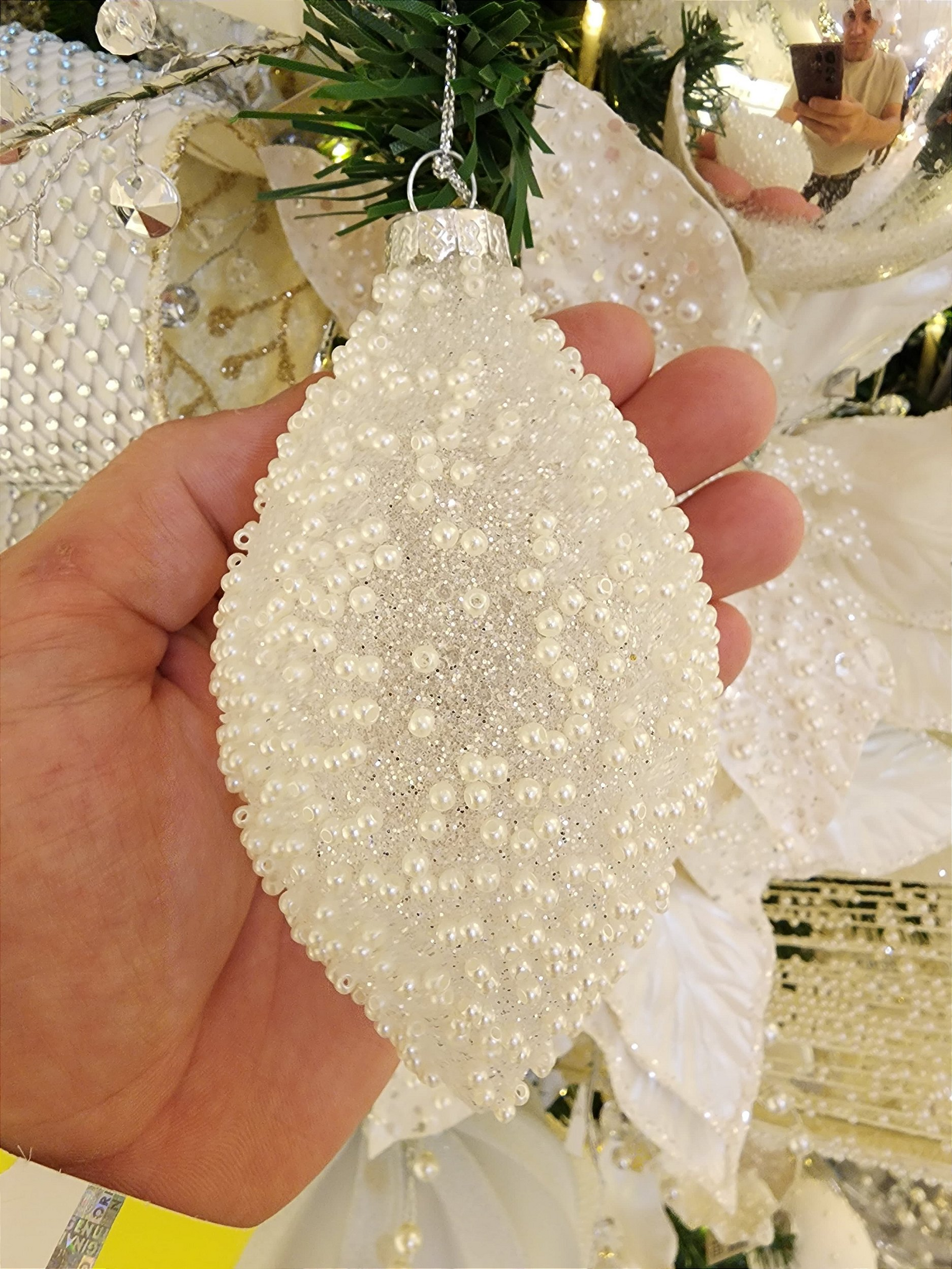 Pendente ornamento vidro soprado pino branco 14cm