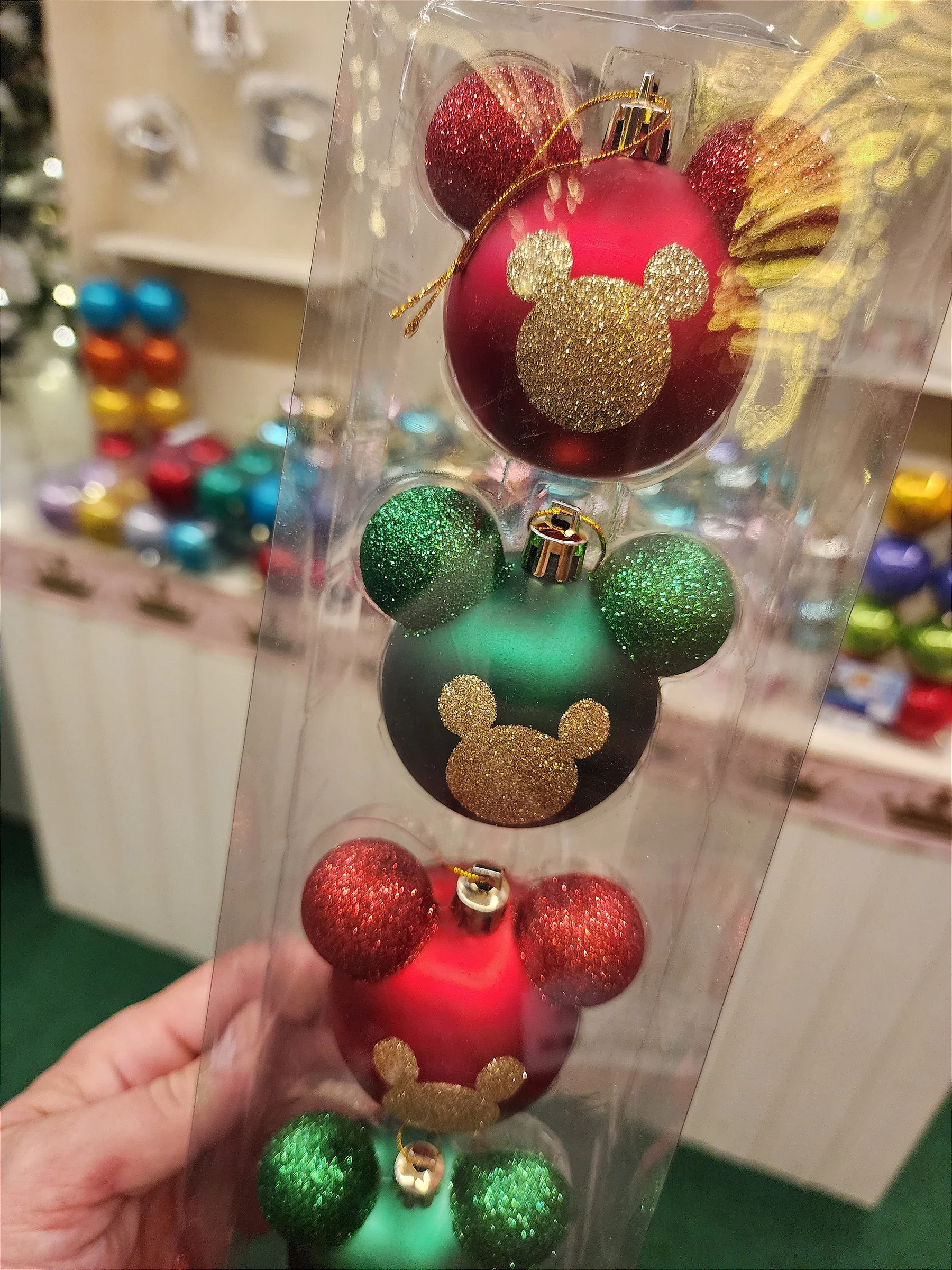 Bola Mickey com glitter verde e vermelho 6cm kit com 6 unidades