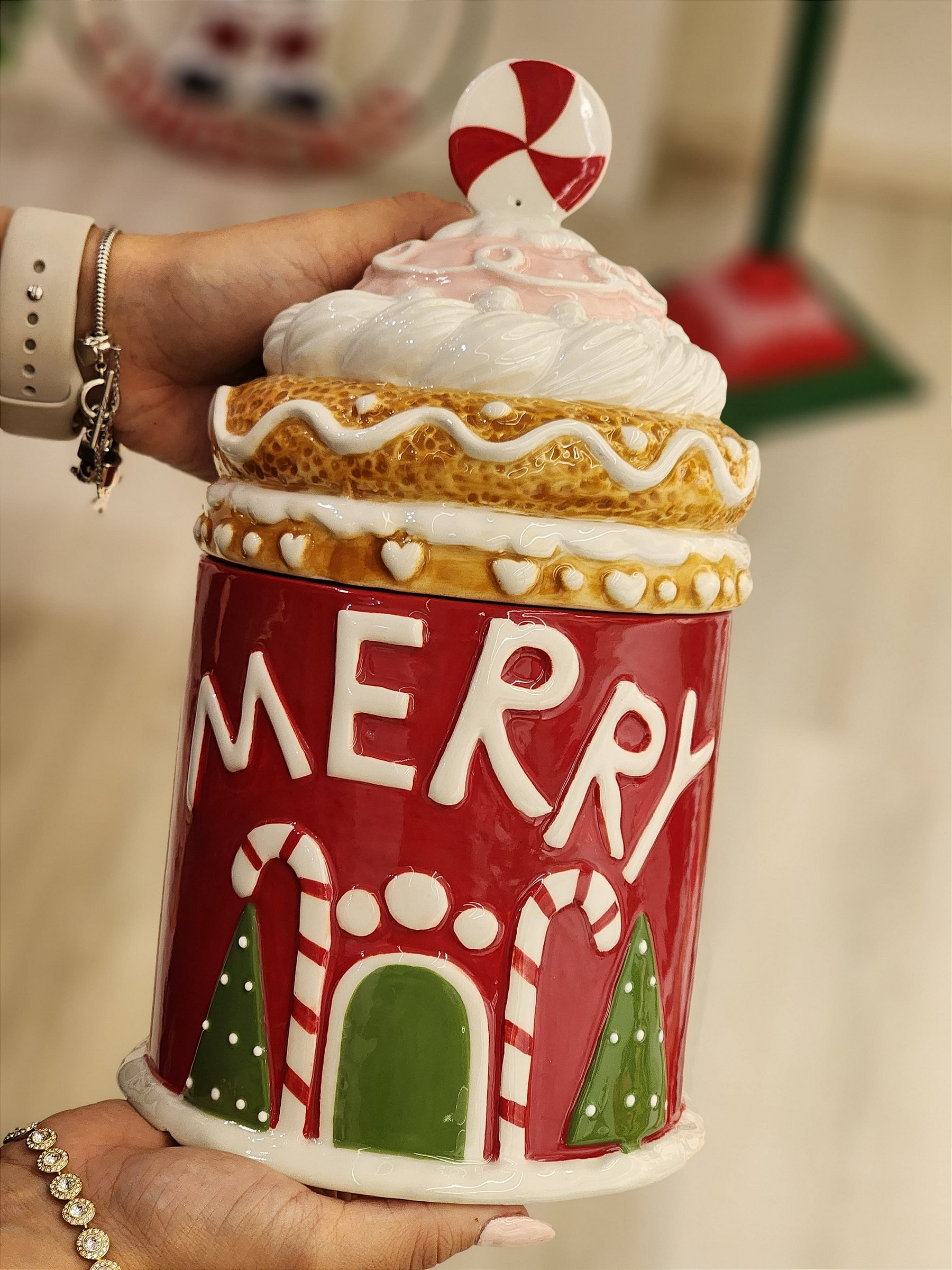 Pote decorativo Merry com tampa vermelho 27cm