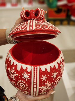 Pote decorativo com tampa bola vermelha 23cm