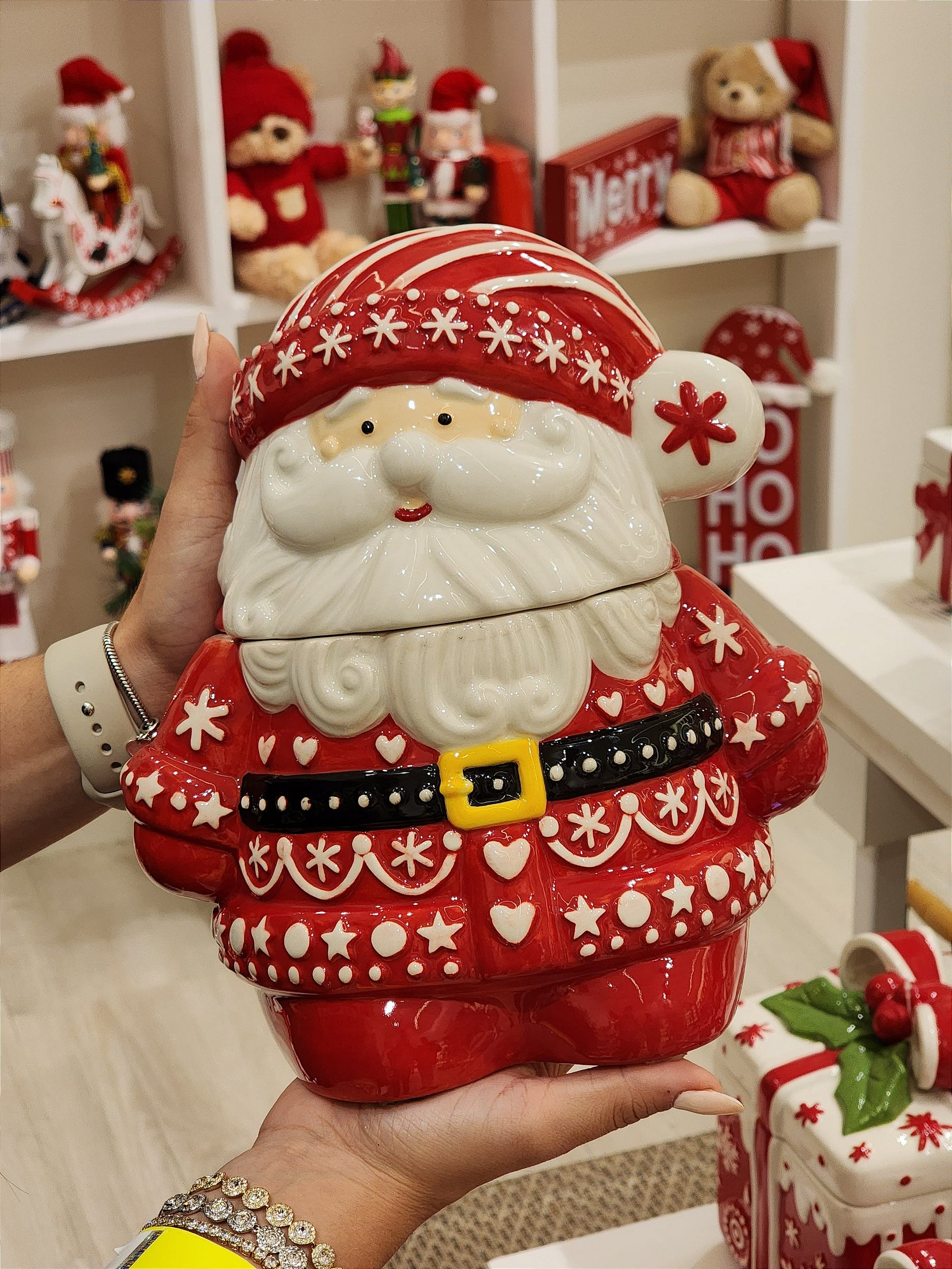 Pote decorativo com tampa Papai Noel 21cm