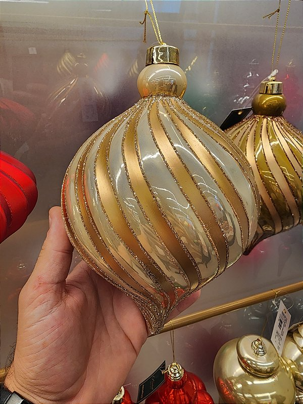 Bola decorada ouro pino espiral com perola 23cm