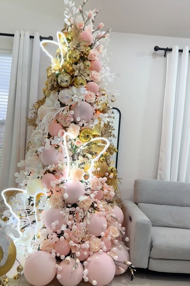 Árvore Rosé Luxo com Flores, Dourado & Borboletas de LED