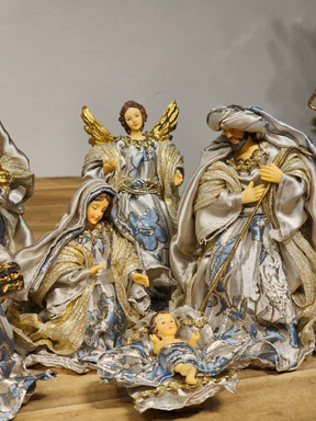 Presépio resina 7 peças azul e champanhe 15cm