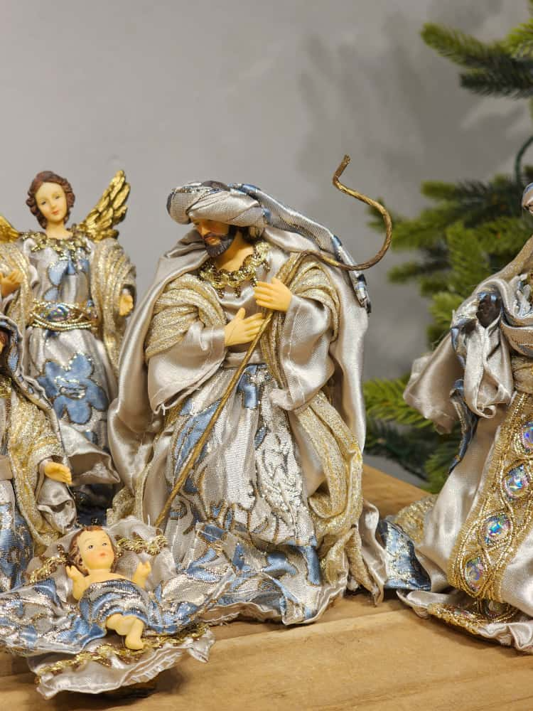 Presépio resina 7 peças azul e champanhe 15cm